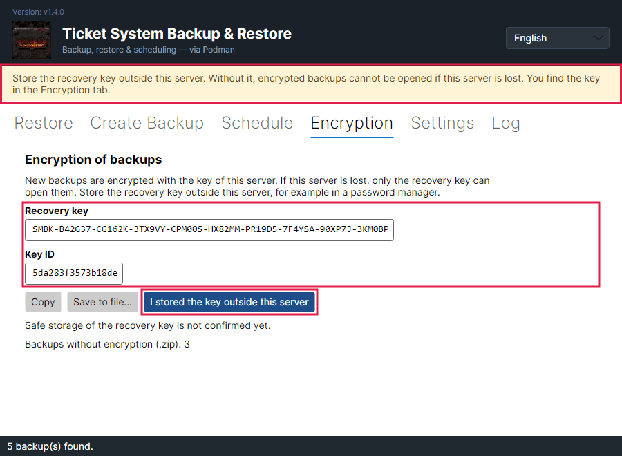 The “Encryption” tab with the recovery key, the key ID and three buttons. The yellow notice bar is at the top.