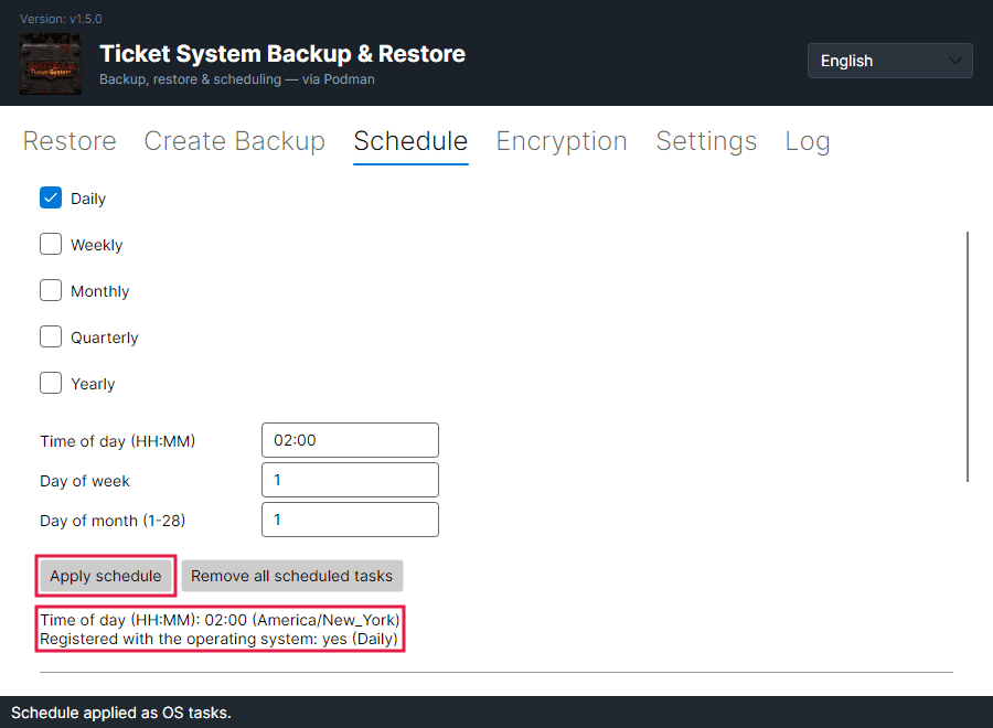 The “Schedule” tab after “Apply schedule”, with “02:00 (America/New_York)” and “Registered with the operating system: yes (Daily)” below.