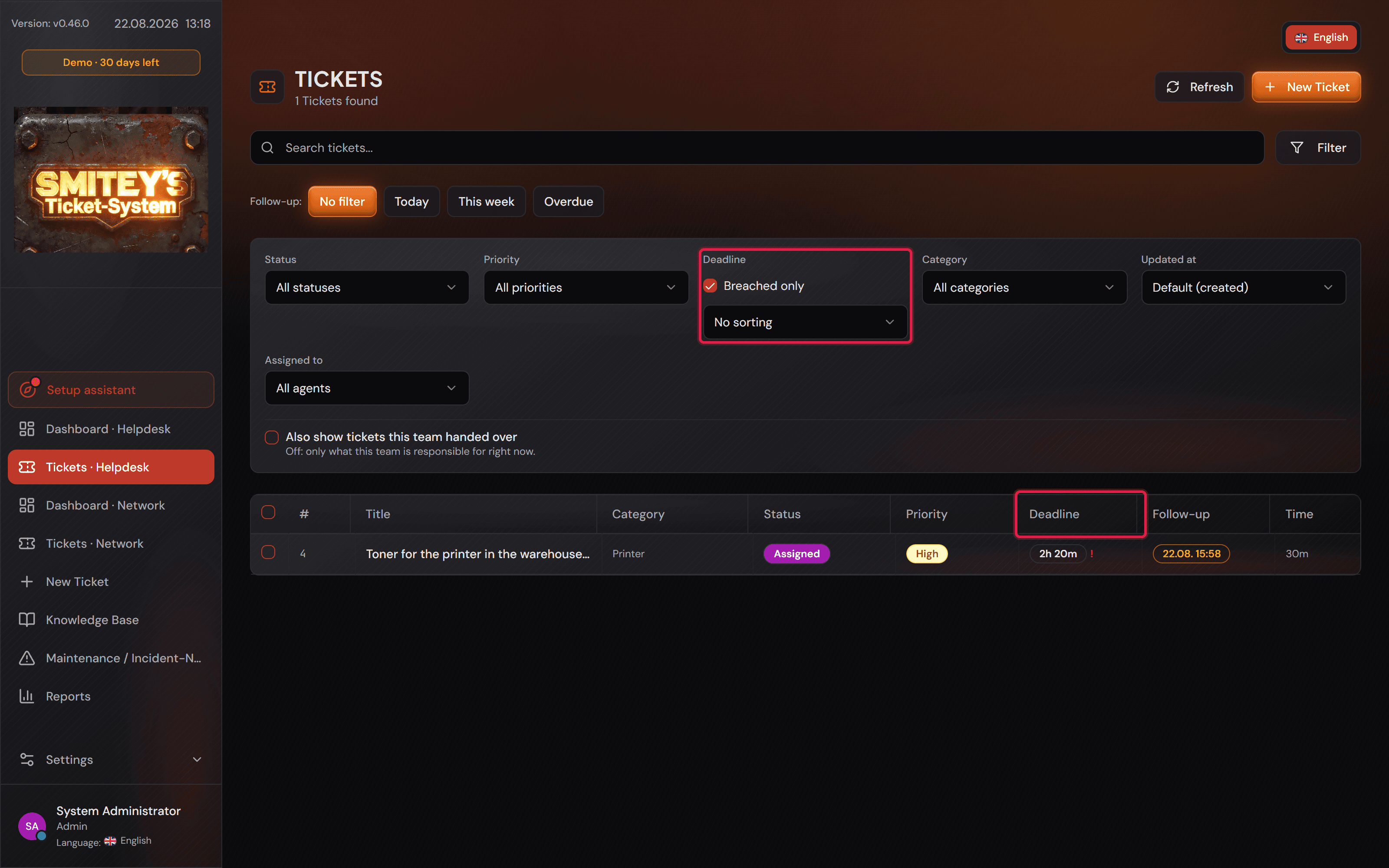 L'elenco dei ticket con la casella «Breached only» spuntata, il filtro in cornice rossa e la colonna «Deadline» anch'essa in cornice.