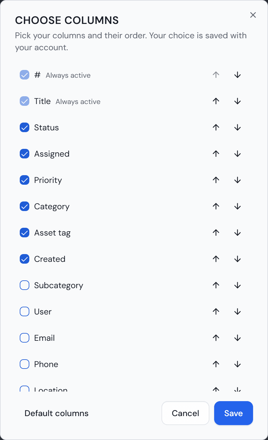 The “Choose columns” dialog with a checkbox and arrows for each column and the buttons “Default columns”, “Cancel” and “Save”.
