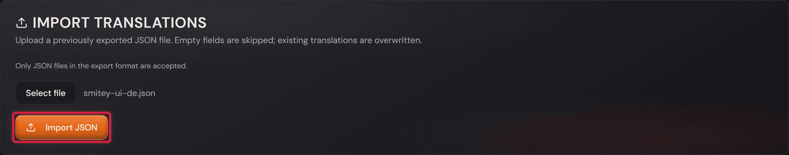 La scheda «Import translations» con il file scelto.