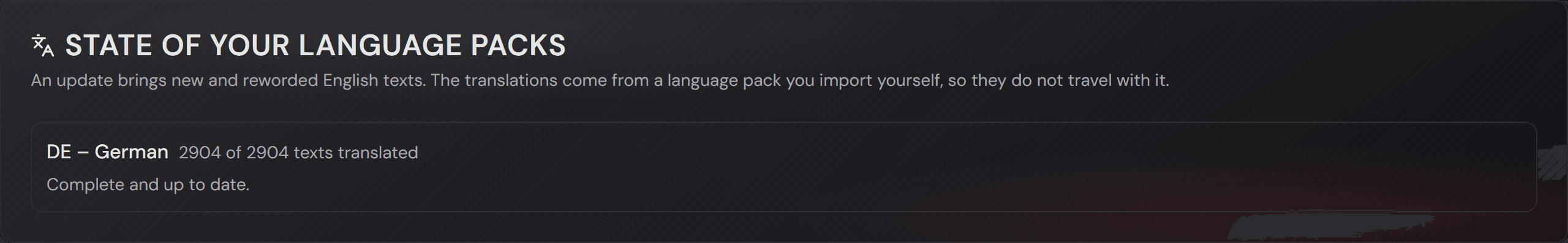 La scheda «State of your language packs» con lo stato del tedesco.