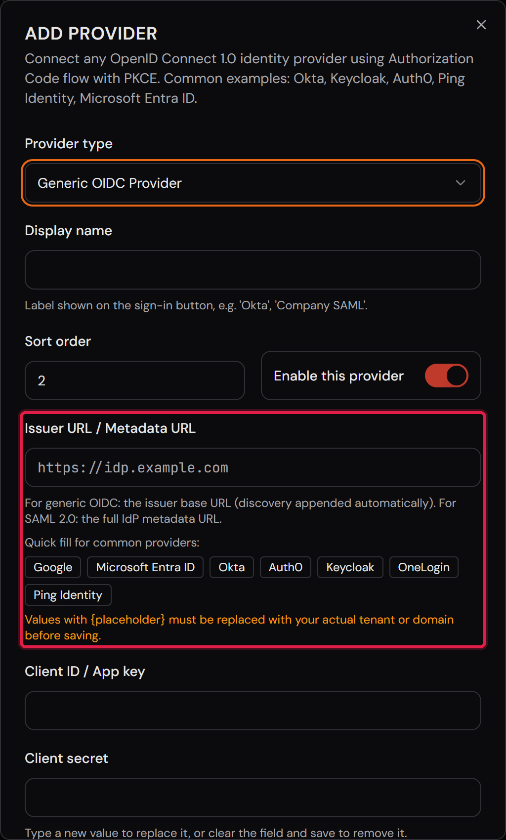 La finestra «Add provider» con tipo, nome visualizzato, interruttore e indirizzo del provider.