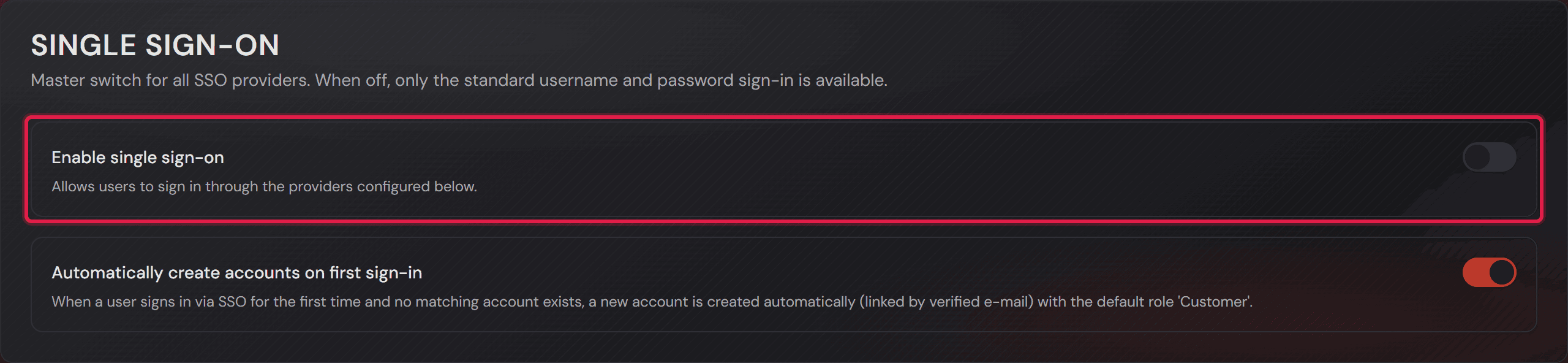 La scheda «Single sign-on» con l'interruttore generale.