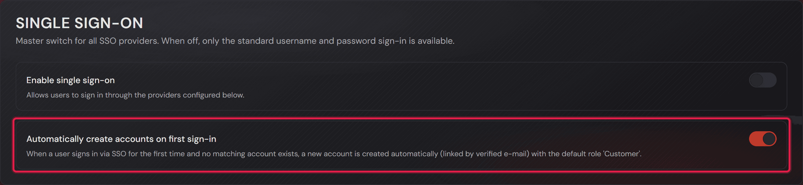 L'interruttore «Automatically create accounts on first sign-in».