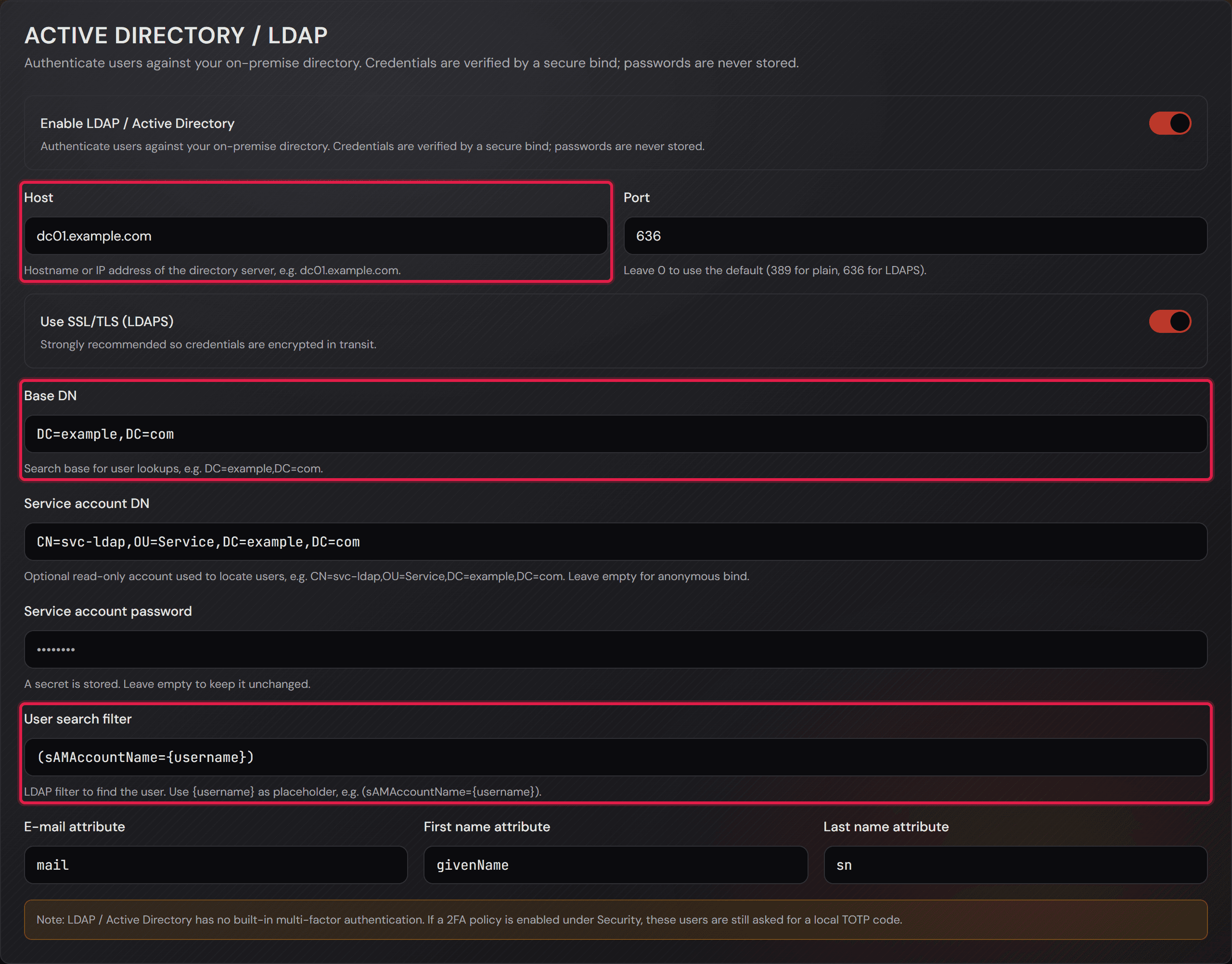 La scheda «Active Directory / LDAP» con i campi compilati.
