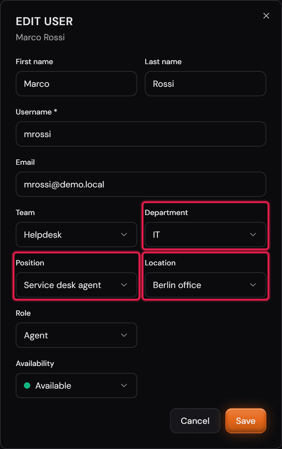 La finestra «Edit user» con i campi di reparto, mansione e sede compilati.