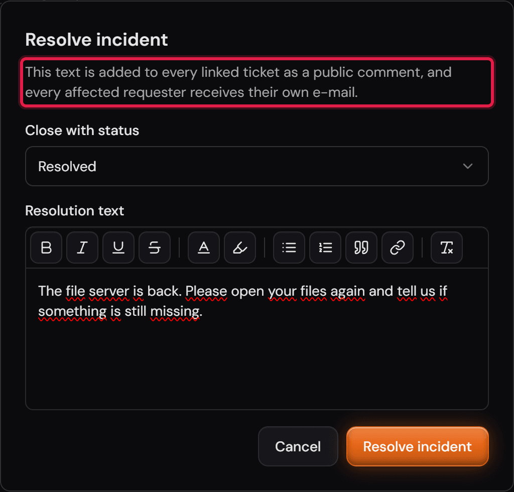 La finestra «Resolve incident» con lo stato di chiusura e il testo della risoluzione scritto.