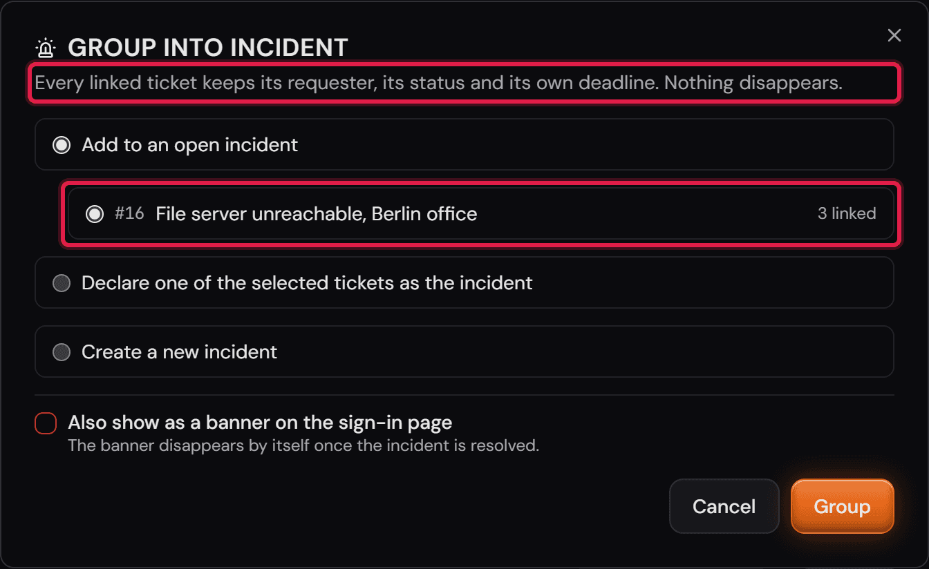 La finestra «Group into incident» con le tre strade e l'incidente aperto, compreso il numero di ticket collegati.