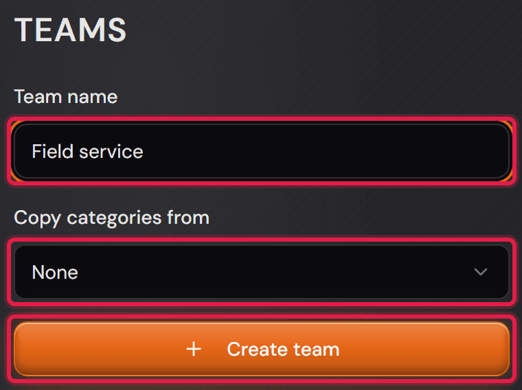 Il campo «Team name» con un nome scritto, sotto «Copy categories from» e il pulsante «Create team».
