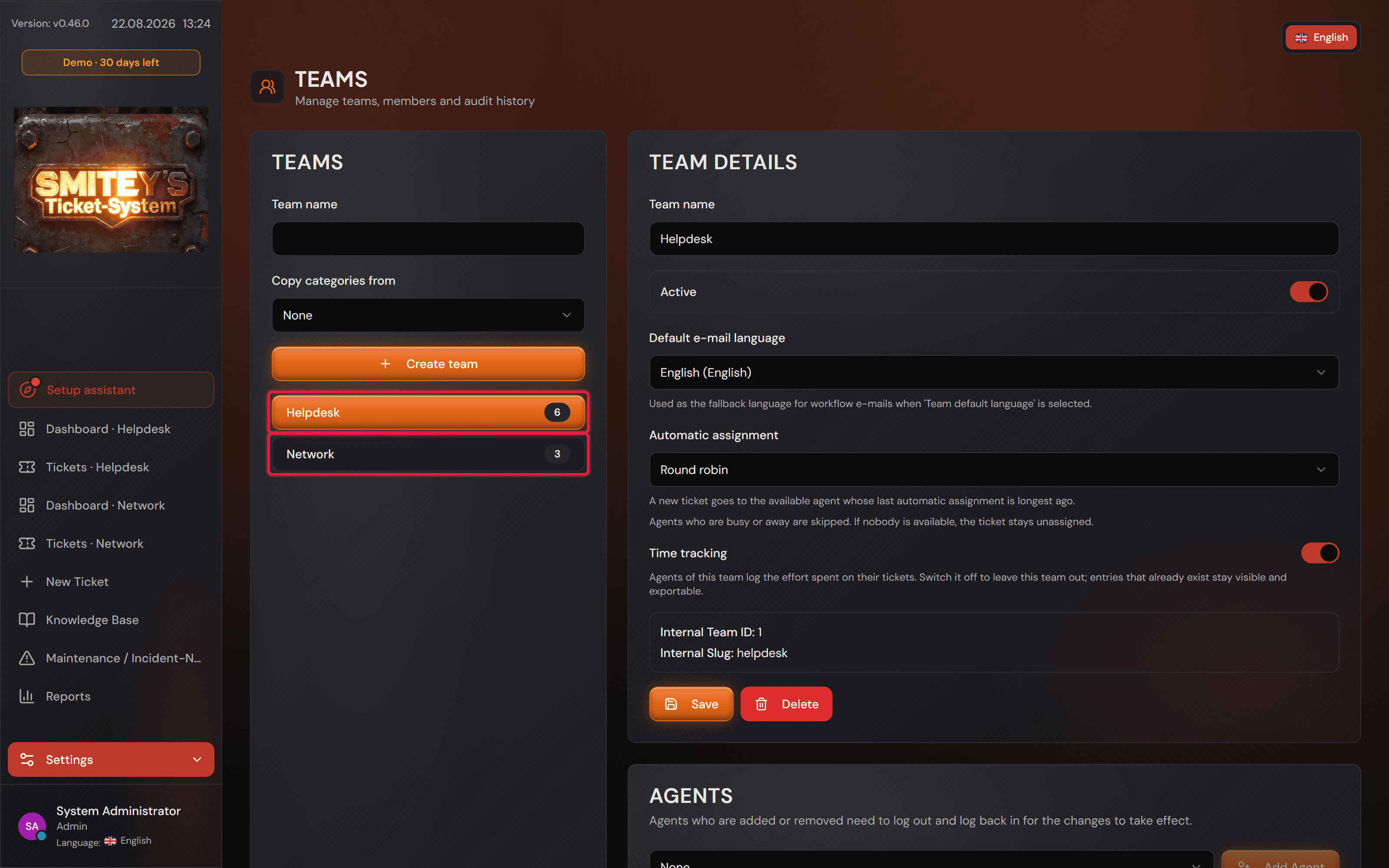 La pagina «Teams» con l'elenco dei due team a sinistra e le impostazioni di Helpdesk a destra.