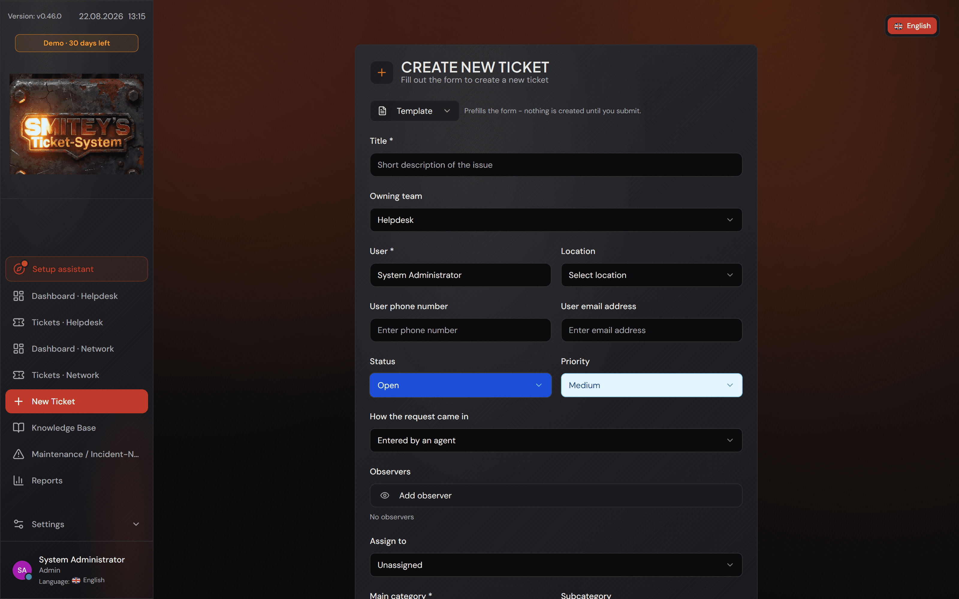 Il modulo «Create new ticket» con i campi Title, Owning team, User, stato, priorità e categorie.