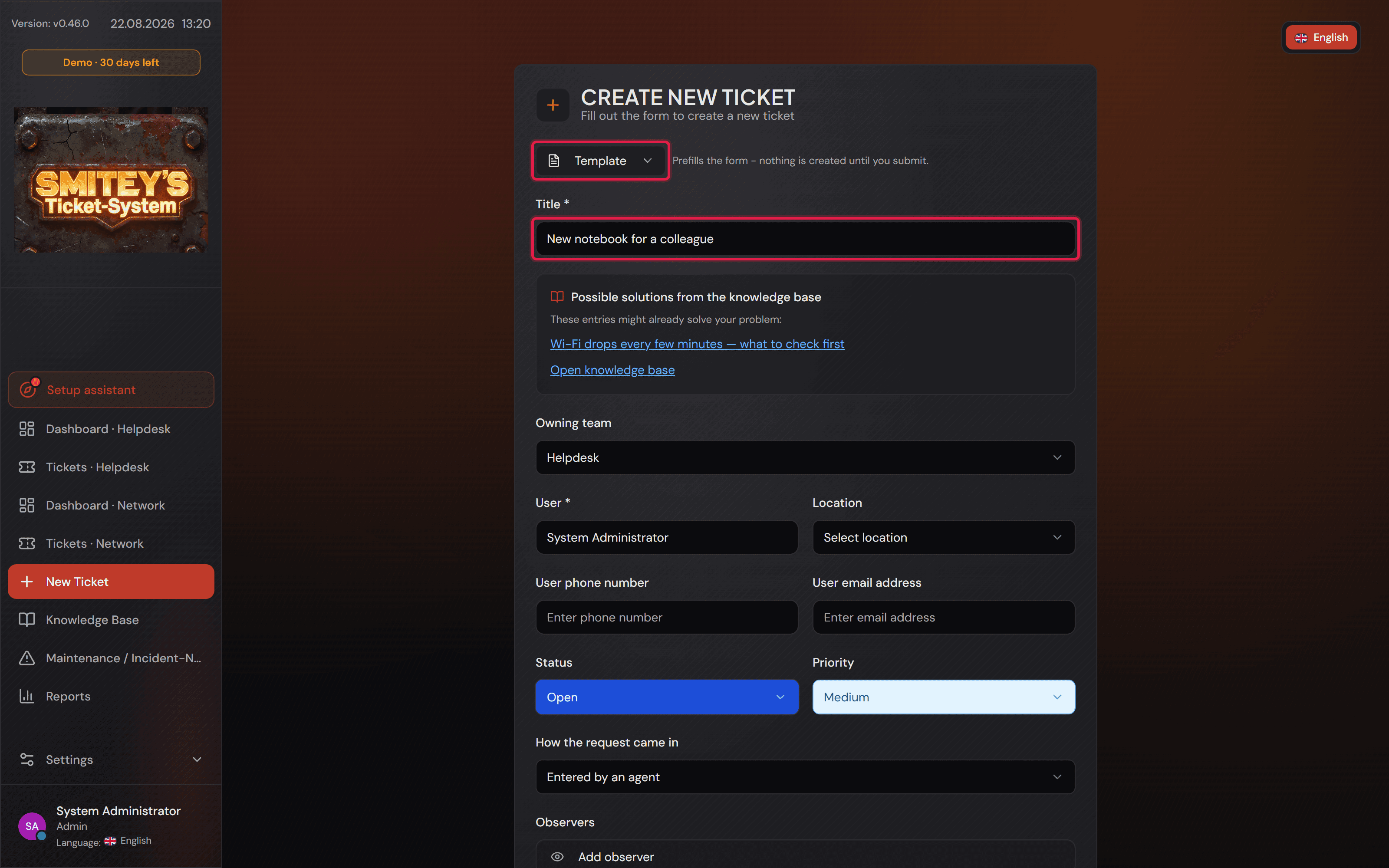 Il modulo «Create new ticket» dopo aver scelto un modello: il pulsante «Template» e il titolo precompilato sono in cornice rossa.