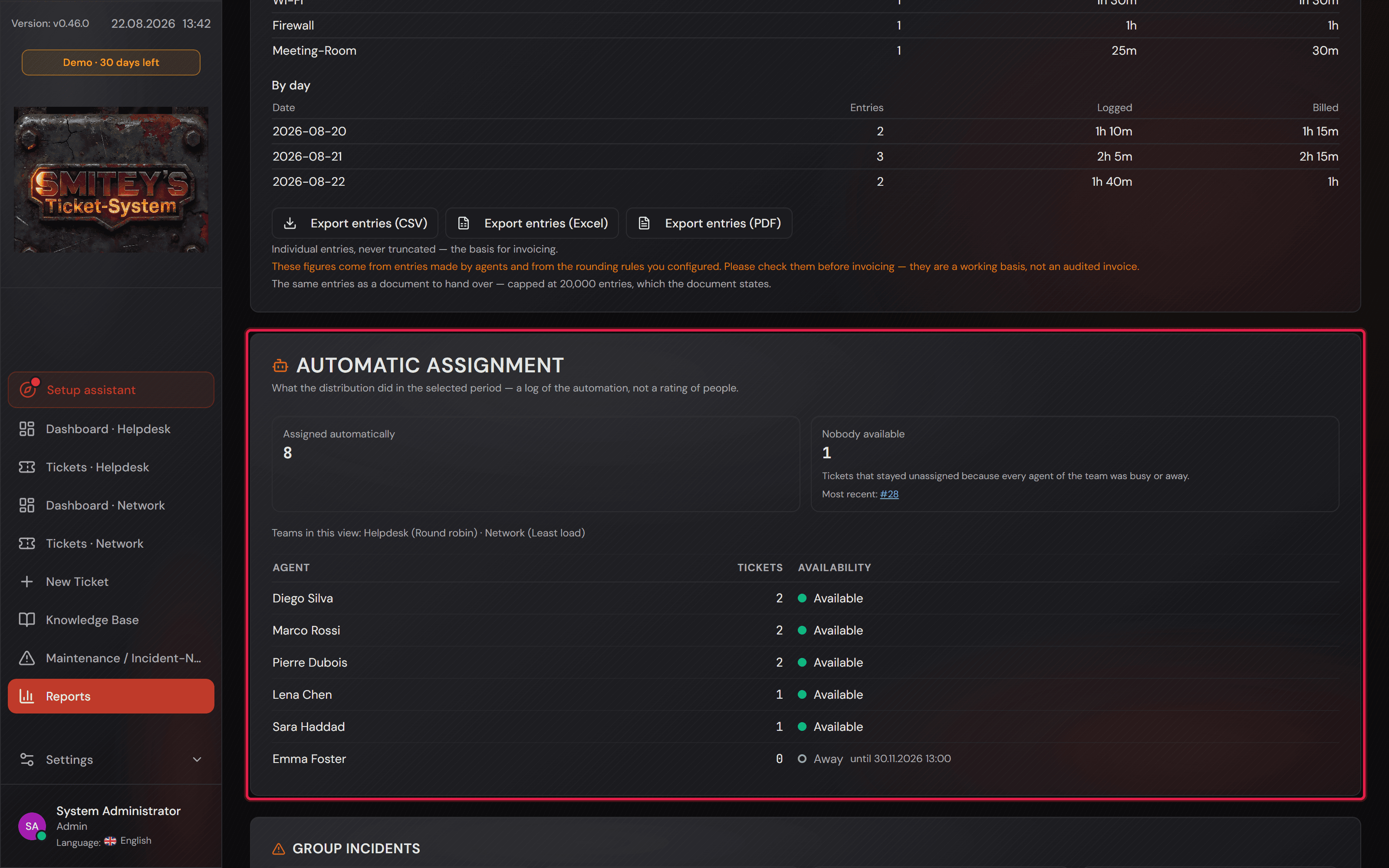 La pagina dei report con la scheda «Automatic assignment» tra gli altri report.