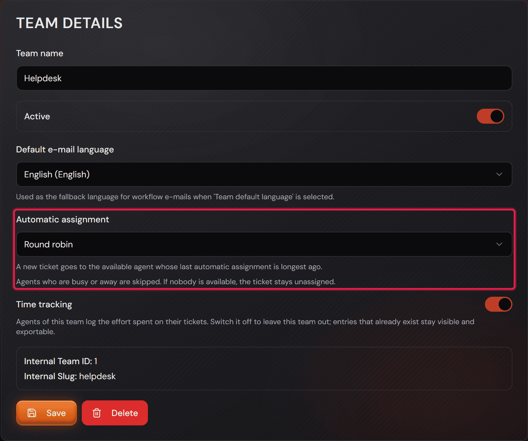 La sezione «Automatic assignment» nella finestra del team Helpdesk, impostata su «Round robin», con due frasi di spiegazione sotto.