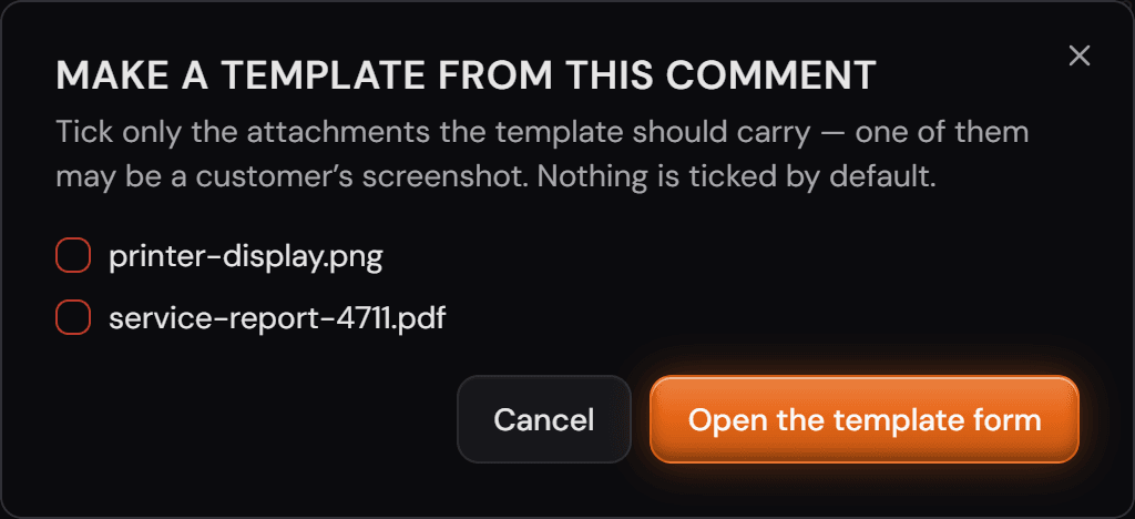 La finestra «Make a template from this comment» con i due allegati del ticket, nessuno dei quali spuntato.