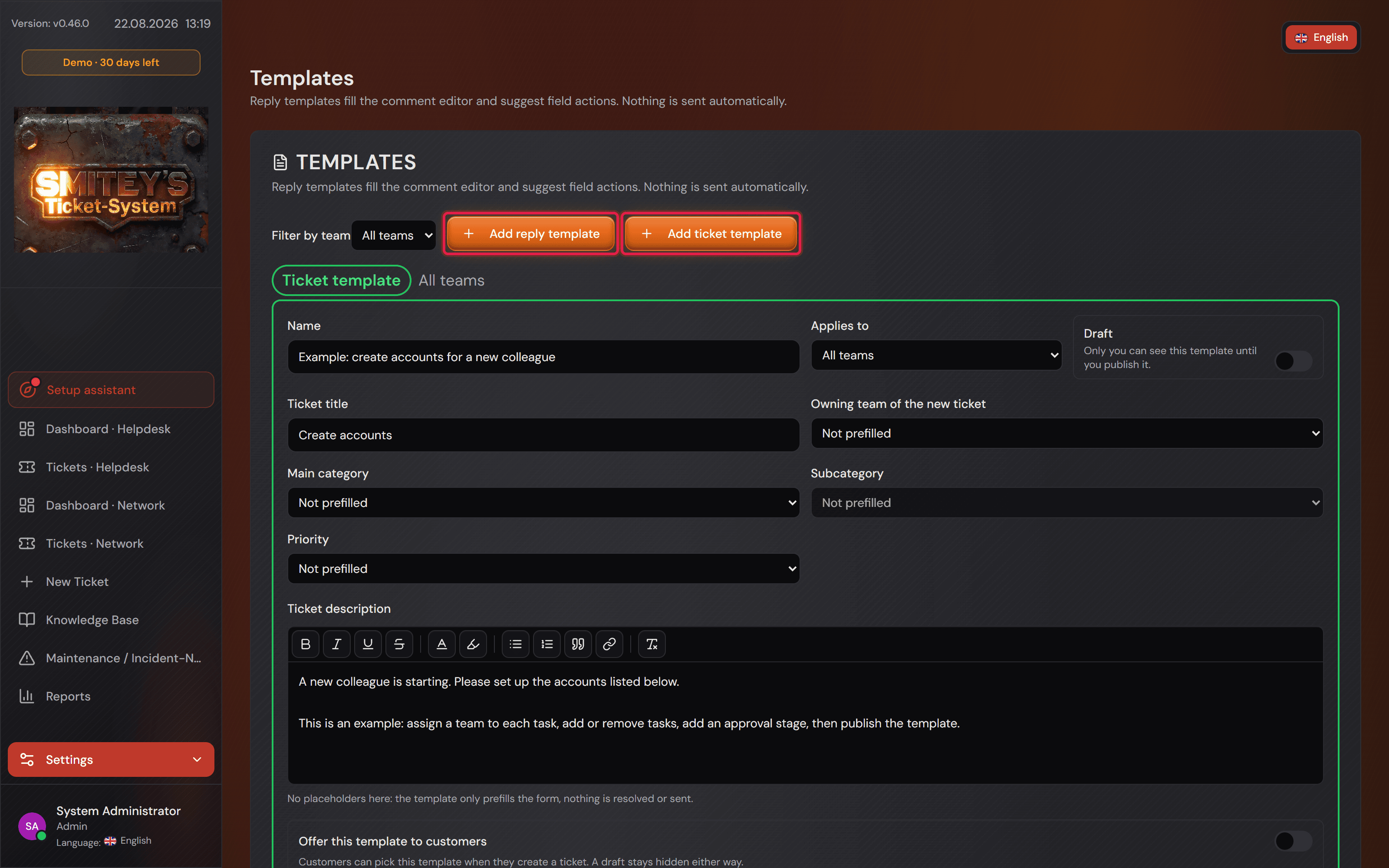 La pagina «Templates» con i pulsanti «Add reply template» e «Add ticket template» in cornice rossa.