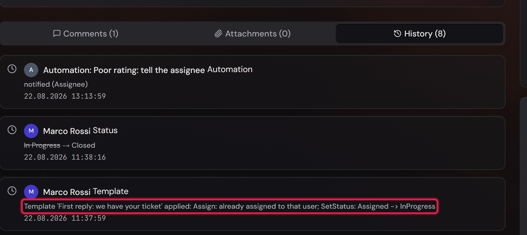 La cronologia di un ticket con la voce «Template» in cornice rossa, che nomina il modello applicato e le azioni eseguite.
