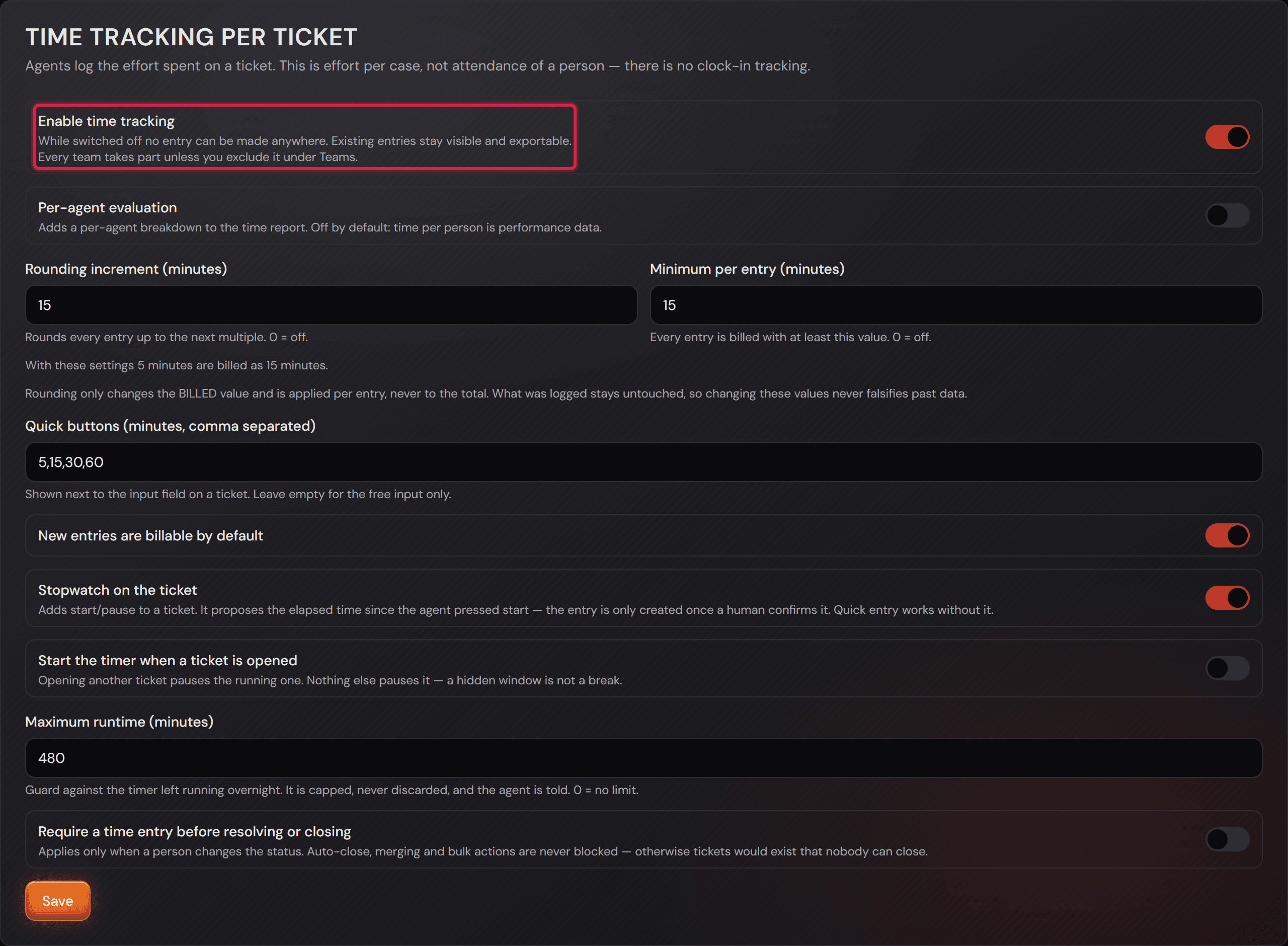 La scheda «Time tracking per ticket» in «Settings → General» con l'interruttore principale, l'arrotondamento, i pulsanti rapidi e il cronometro.