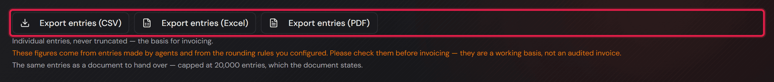I tre pulsanti «Export entries (CSV)», «(Excel)» e «(PDF)» con le frasi che nominano la differenza.