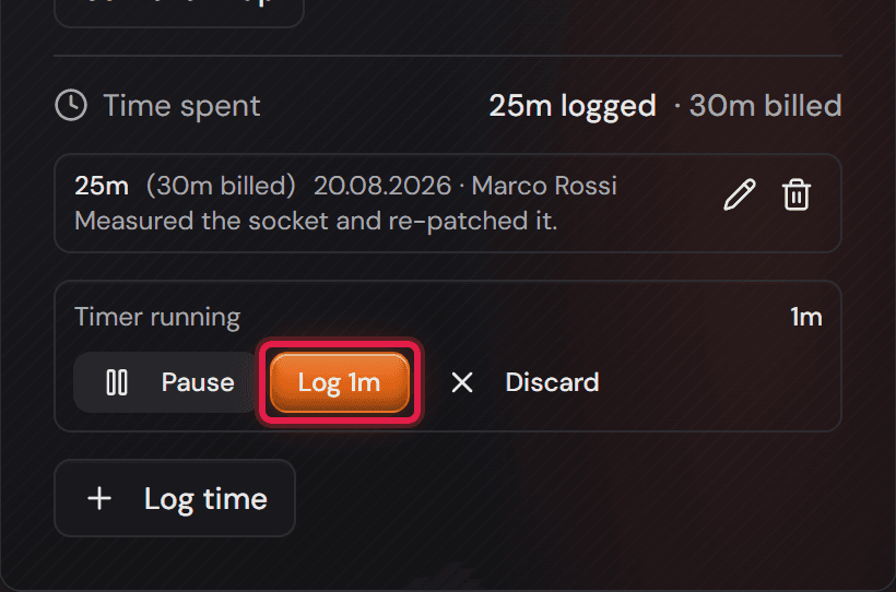 Il cronometro in corsa nella scheda «Time spent» con la sua lettura, «Pause», «Discard» e il pulsante che la registra.