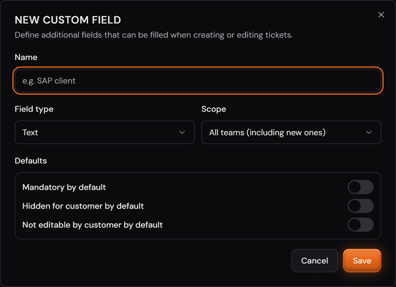 La finestra «New custom field» con nome, tipo di campo, ambito e le tre impostazioni predefinite.